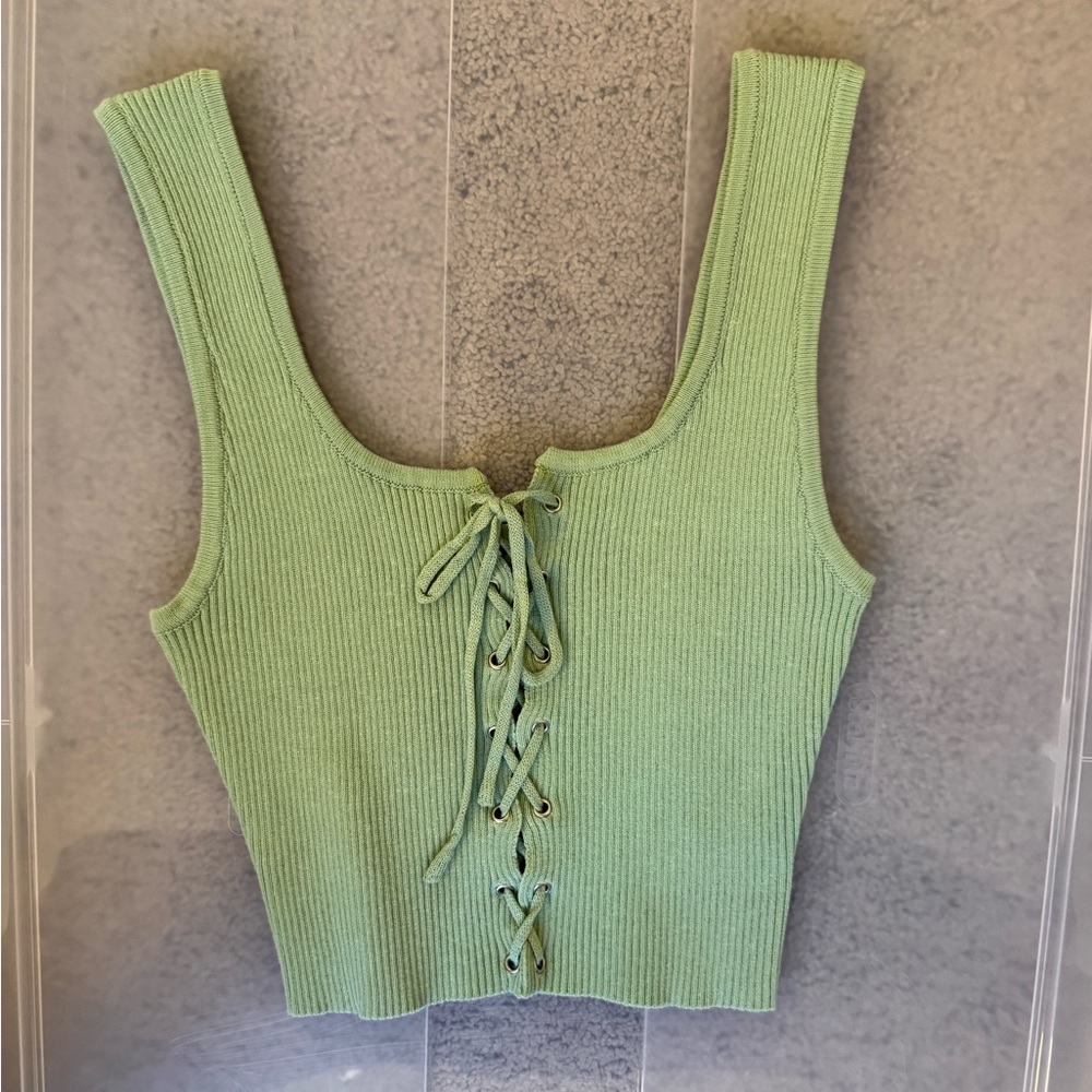 Daisy Pastel Green Lace-Up Ribbed Crop Top